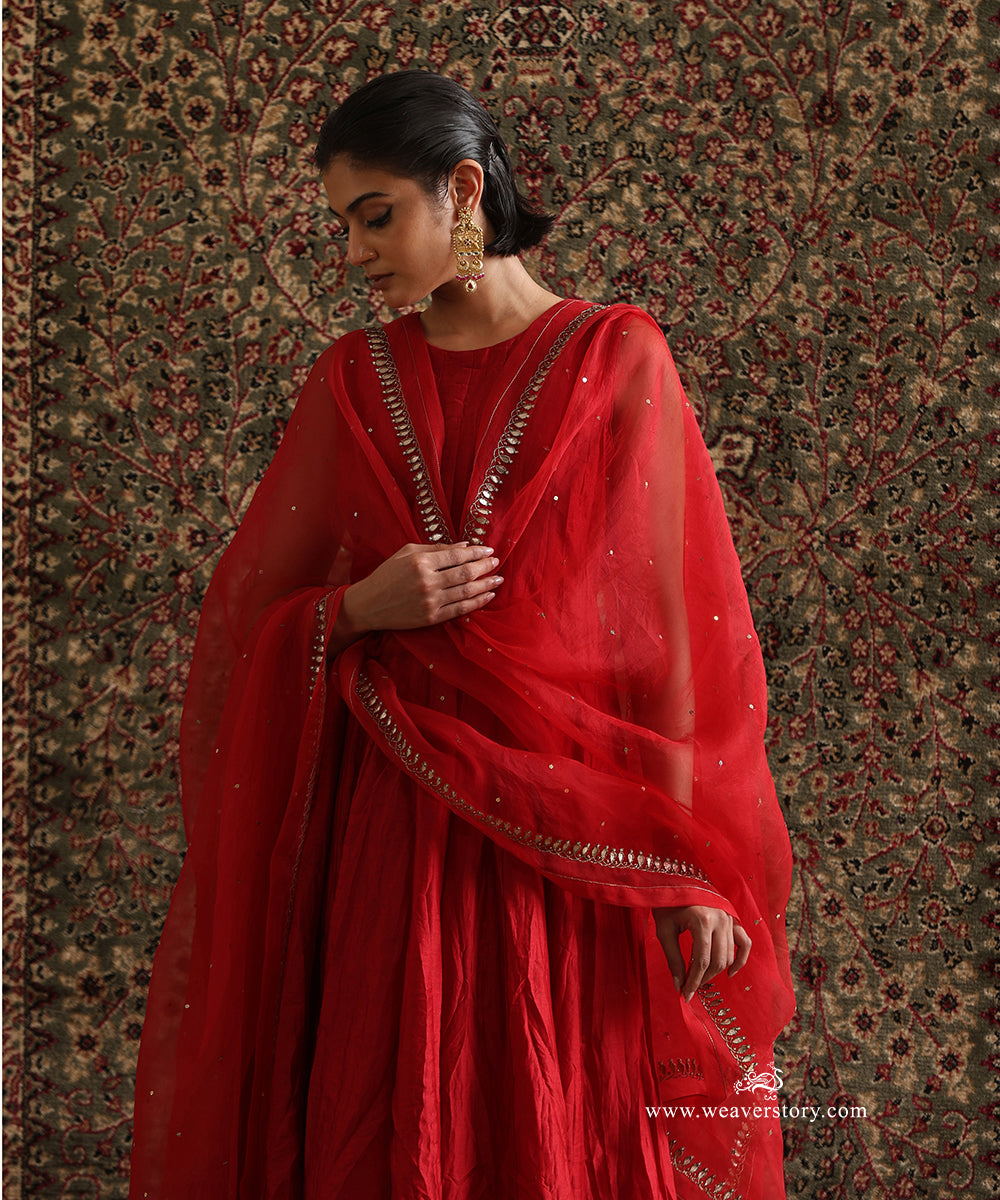 Red Pure Chanderi Silk Wrinkle Anarkali Set With Hand Embroidered Organza Dupatta
