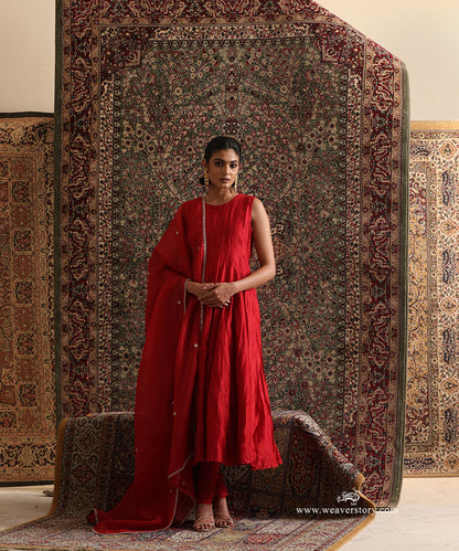 Hand Embroidered Organza Dupatta With Border Detail Paired With Red Chanderi Silk Anarkali