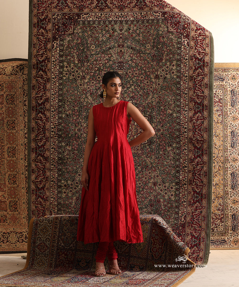 Red Chanderi Silk Anarkali With Five Metres Of Ghera And Hand Embroidered Organza Dupatta