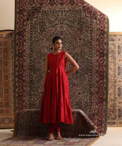 Red Chanderi Silk Anarkali With Five Metres Of Ghera And Hand Embroidered Organza Dupatta