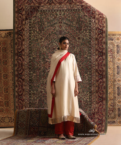 Off White Chanderi Silk Kurta Set with Red Border Striped Tissue Dupatta from Antara&