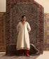 Ivory Off White Chanderi Silk Kurta Set with Hand Embroidered Neckline and Red Striped Tissue Pants from Antara by WeaverStory