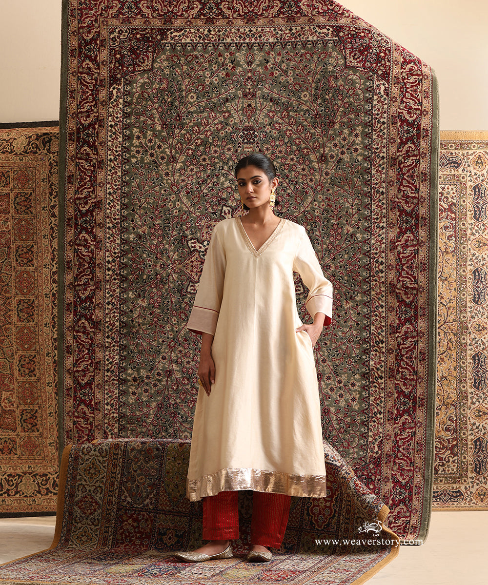 Off White Chanderi Silk Kurta With Red Stripe Tissue Pant