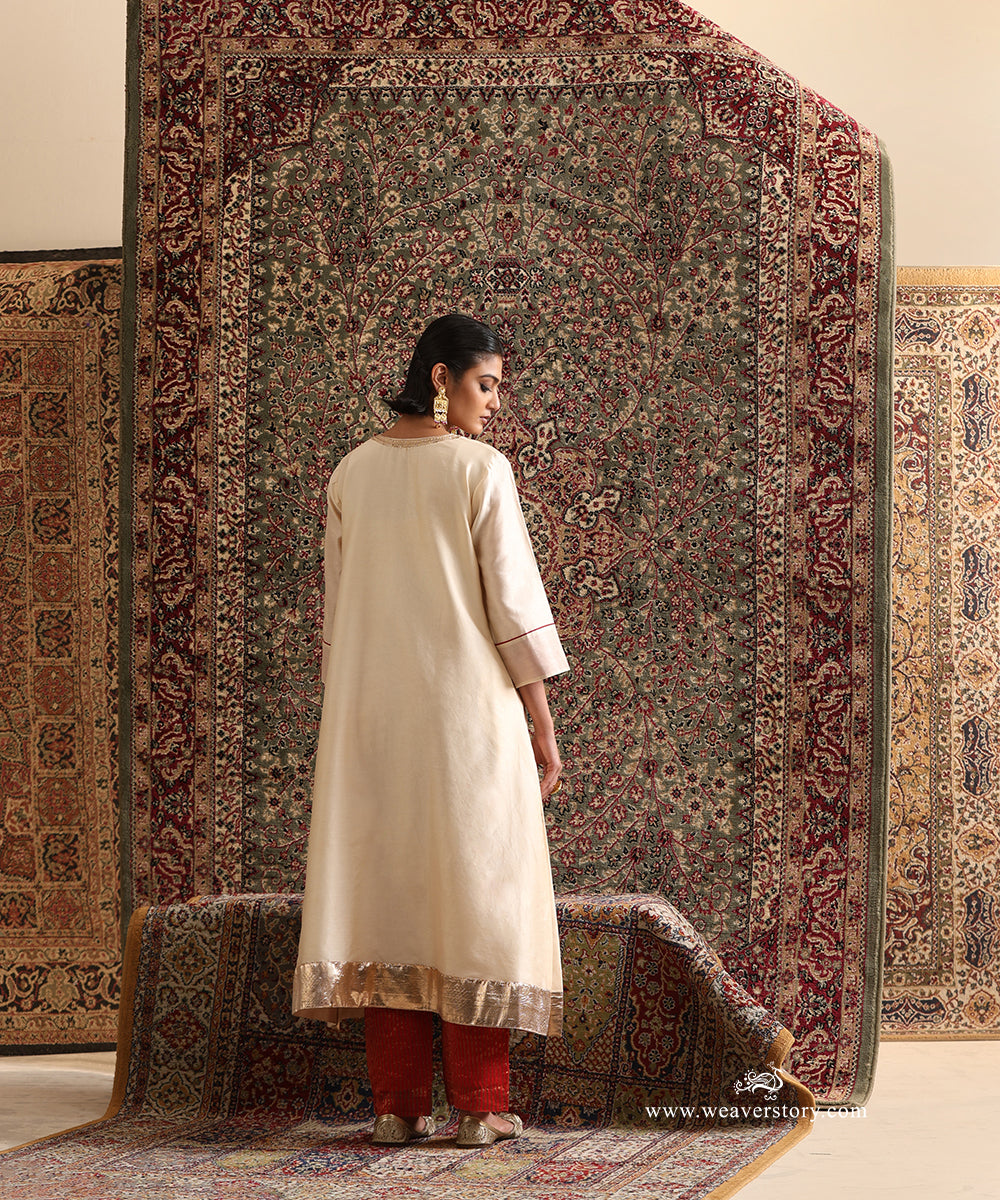Off White Chanderi Silk Kurta With Red Stripe Tissue Pant