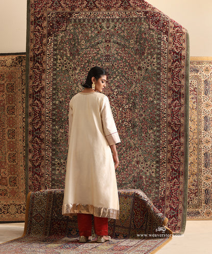 Off White Chanderi Silk Kurta With Red Stripe Tissue Pant
