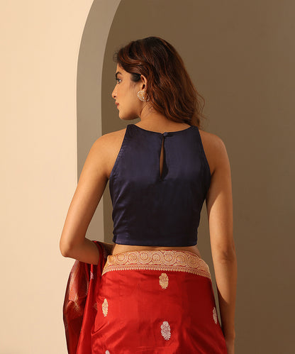 Midnight Blue Satin Blouse With Halter Neck