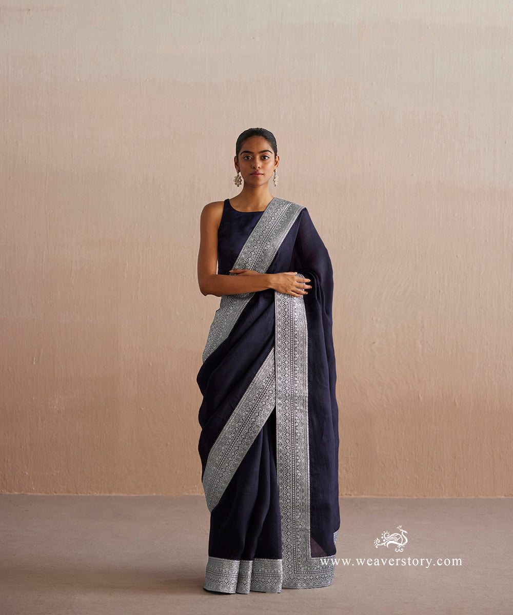 Handloom Midnight Blue Organza Saree Handwoven Banarasi Border with Badla Zari