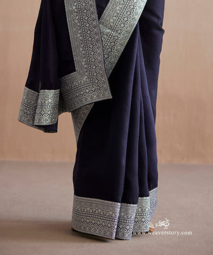 Handloom Midnight Blue Organza Saree Handwoven Banarasi Border with Badla Zari