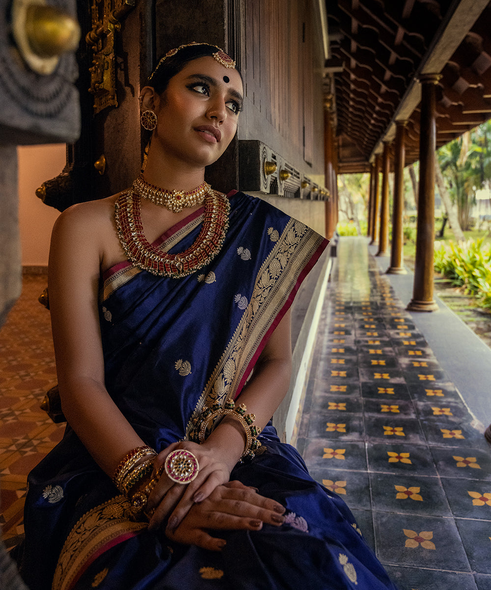 Priya Prakash Varrier In Handloom Blue and Black Pure Katan Silk Banarasi Saree