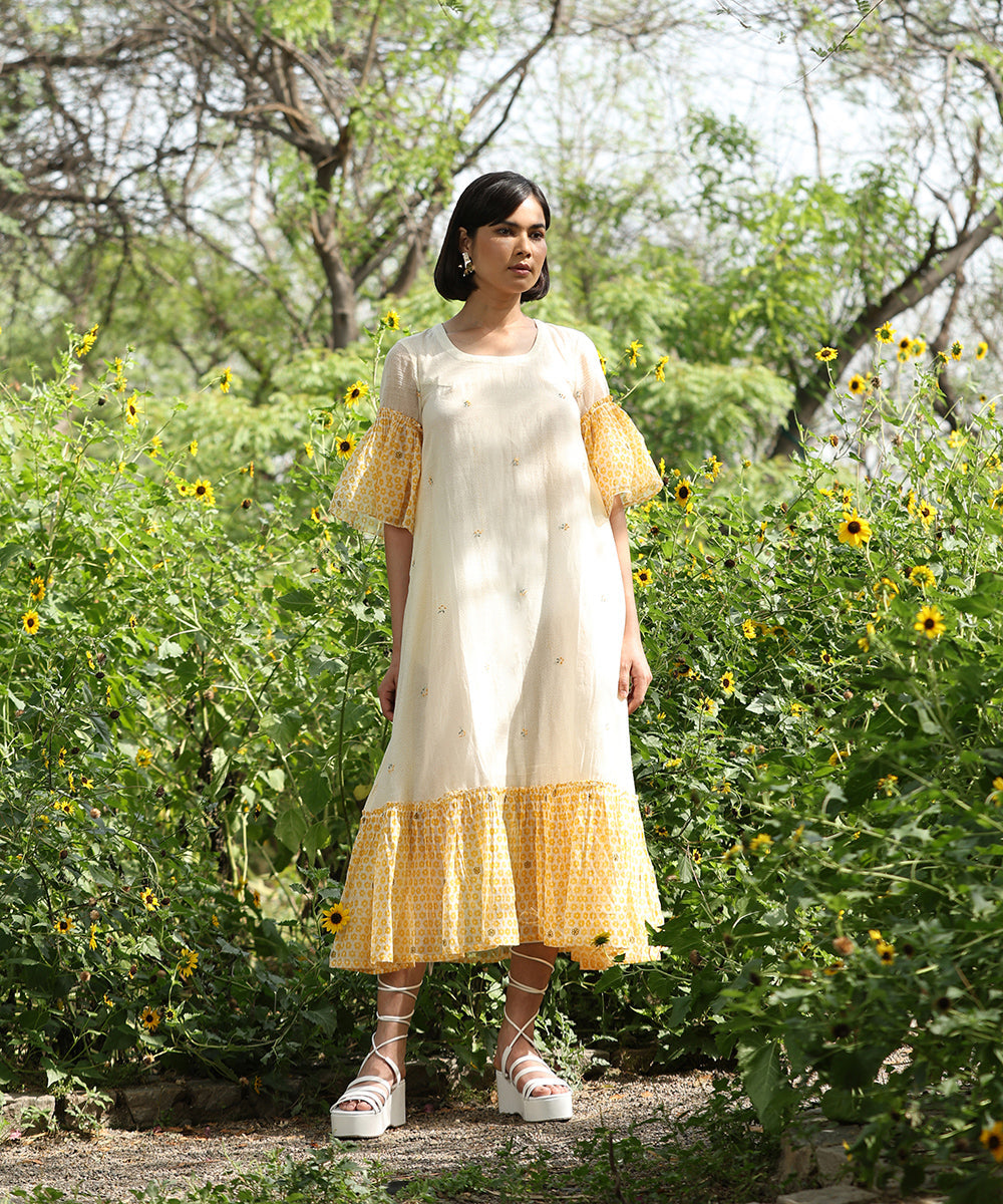 Yellow_And_White_Handloom_Pure_Chanderi_A-Line_Hand_Printed_Dress_With_Embroidery_WeaverStory_02