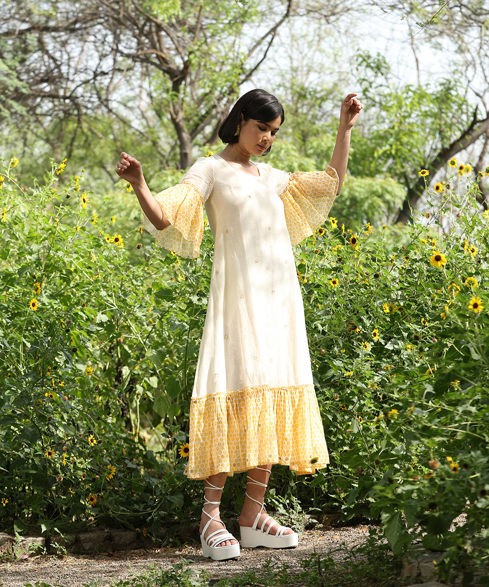 Yellow_And_White_Handloom_Pure_Chanderi_A-Line_Hand_Printed_Dress_With_Embroidery_WeaverStory_03