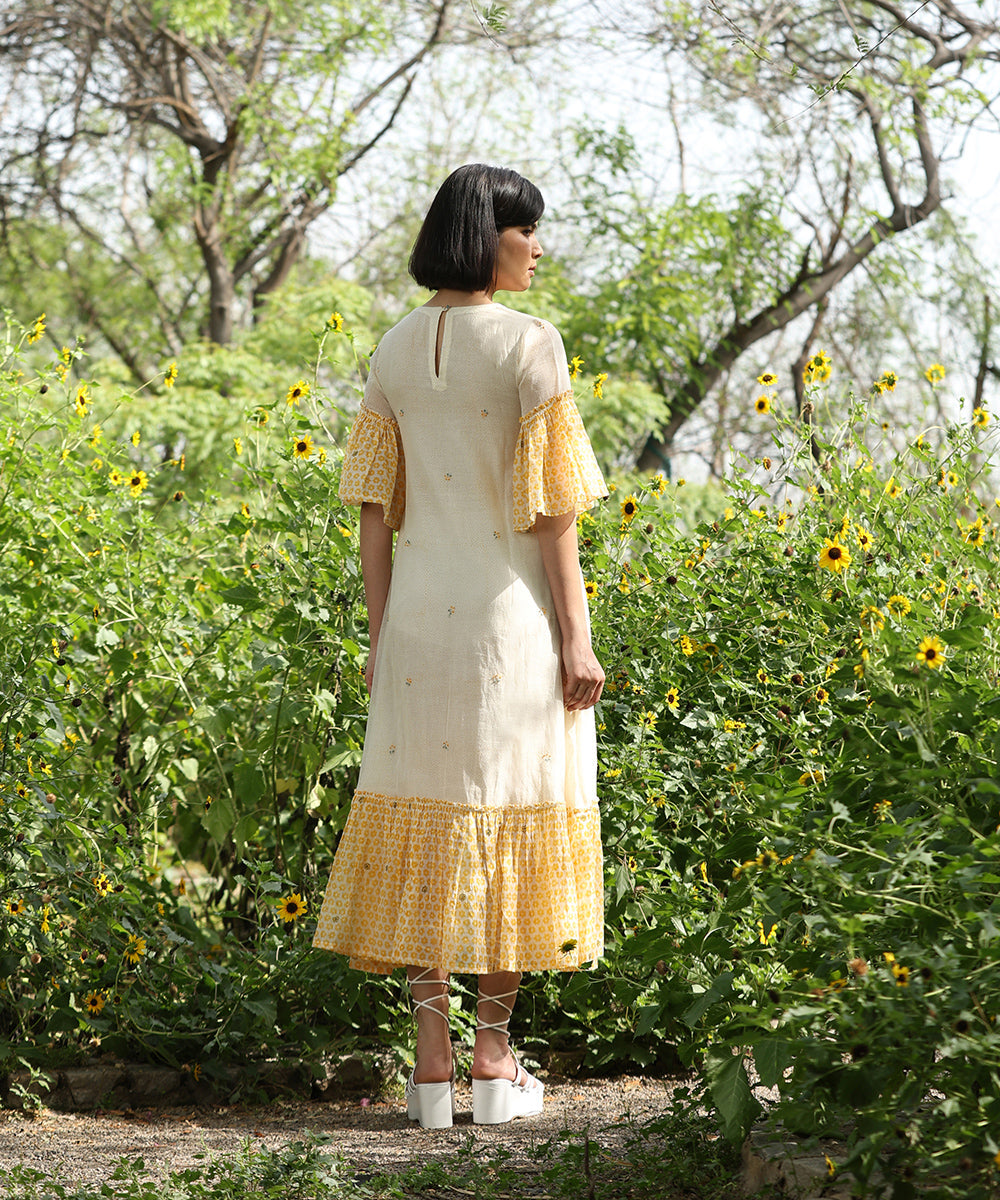 Yellow_And_White_Handloom_Pure_Chanderi_A-Line_Hand_Printed_Dress_With_Embroidery_WeaverStory_04