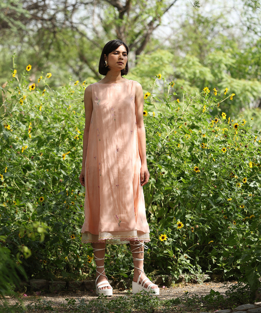 Peach_Handloom_Pure_Chanderi_Embroidered_Dress_With_Scalloped_Organza_Finishing_WeaverStory_02