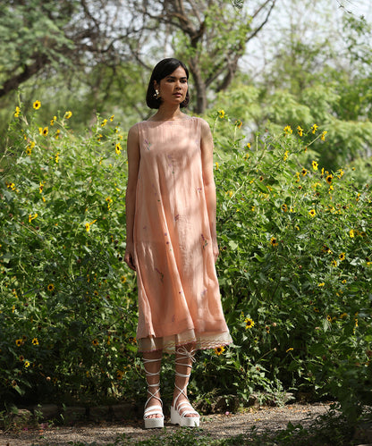 Peach_Handloom_Pure_Chanderi_Embroidered_Dress_With_Scalloped_Organza_Finishing_WeaverStory_03