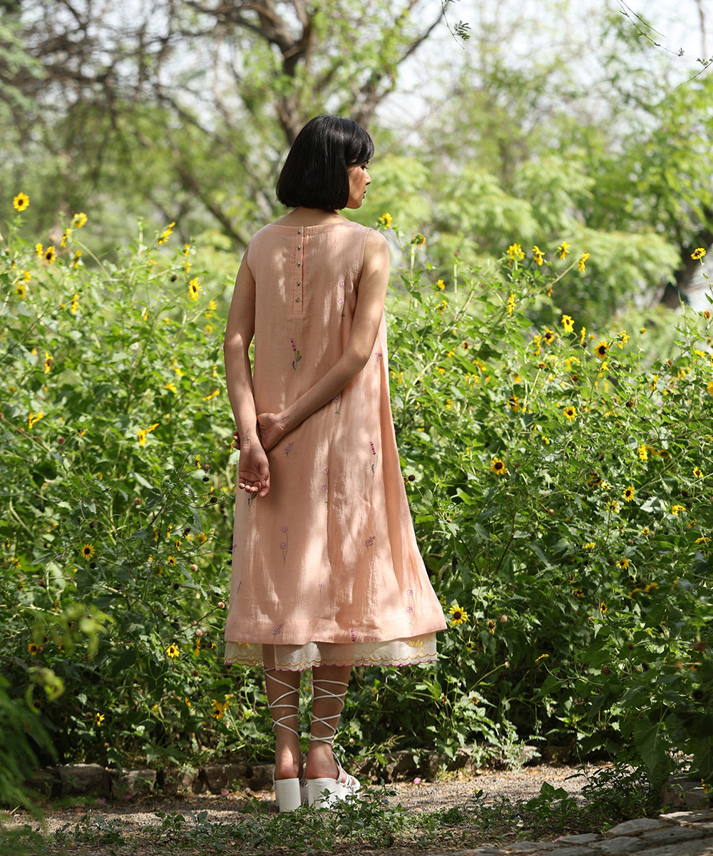 Peach_Handloom_Pure_Chanderi_Embroidered_Dress_With_Scalloped_Organza_Finishing_WeaverStory_05