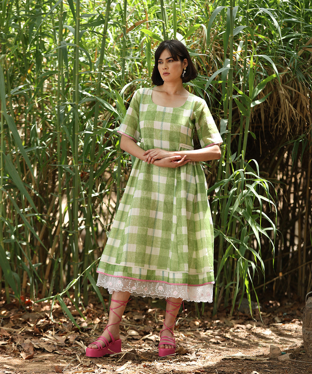 Green_Handloom_Pure_Chanderi_Hand_Printed_Checkered_Dress_With_Gathers_And_Embroidery_WeaverStory_01
