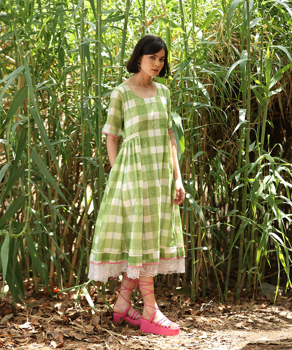 Green_Handloom_Pure_Chanderi_Hand_Printed_Checkered_Dress_With_Gathers_And_Embroidery_WeaverStory_02