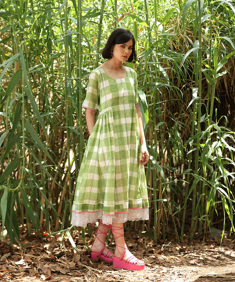 Green_Handloom_Pure_Chanderi_Hand_Printed_Checkered_Dress_With_Gathers_And_Embroidery_WeaverStory_02