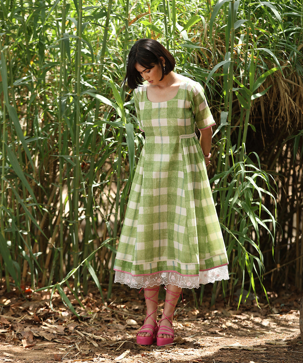 Green_Handloom_Pure_Chanderi_Hand_Printed_Checkered_Dress_With_Gathers_And_Embroidery_WeaverStory_03