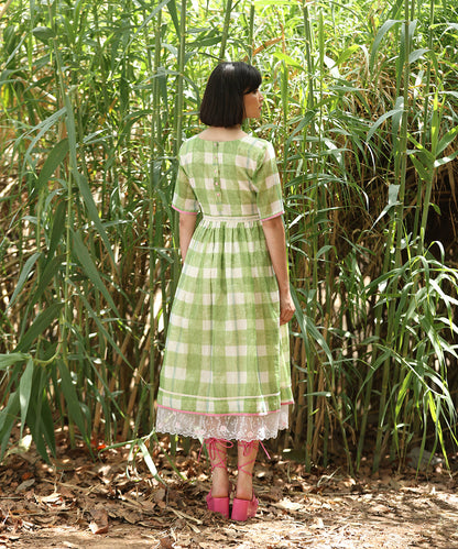 Green_Handloom_Pure_Chanderi_Hand_Printed_Checkered_Dress_With_Gathers_And_Embroidery_WeaverStory_04