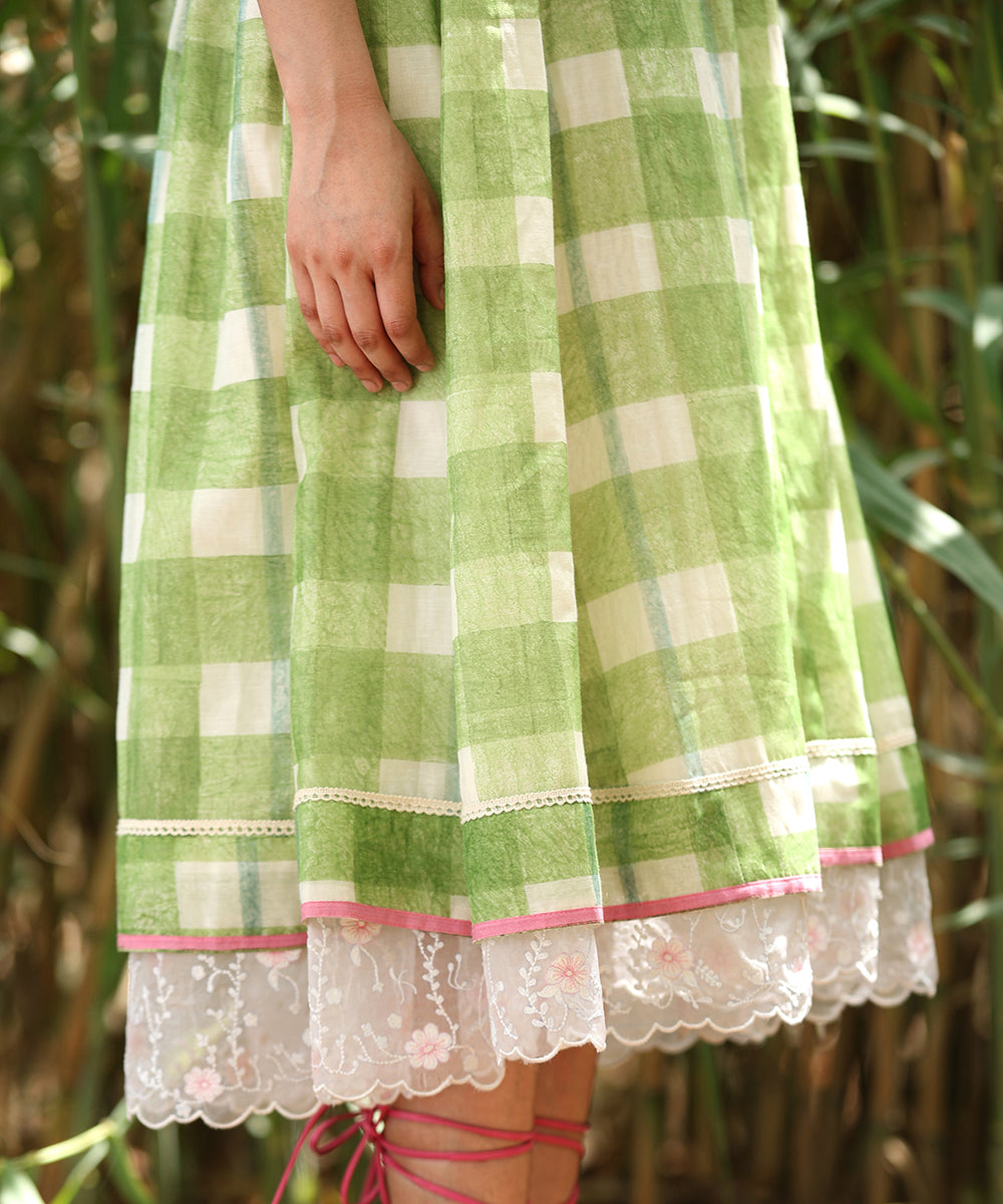 Green_Handloom_Pure_Chanderi_Hand_Printed_Checkered_Dress_With_Gathers_And_Embroidery_WeaverStory_06