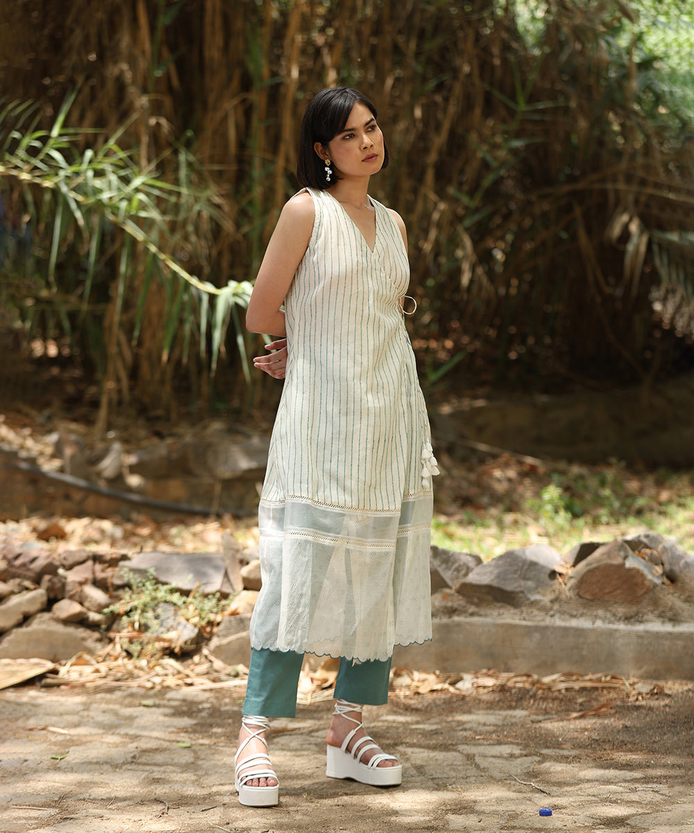 White_Handloom_Pure_Chanderi_Wrap_Around_Hand_Printed_Dress_With_Organza_And_Lace_Details_WeaverStory_01