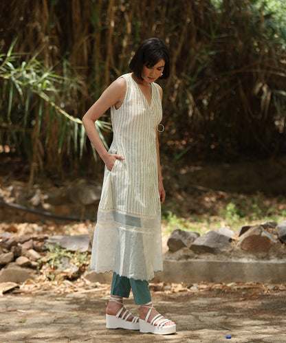 White_Handloom_Pure_Chanderi_Wrap_Around_Hand_Printed_Dress_With_Organza_And_Lace_Details_WeaverStory_03