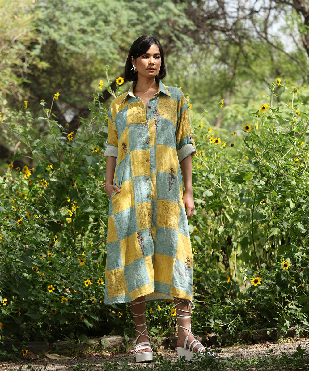 Yellow_And_Grey_Pure_Cotton_Shirt_Dress_With_Hand_Embroidered_Kantha_Deatils_WeaverStory_01