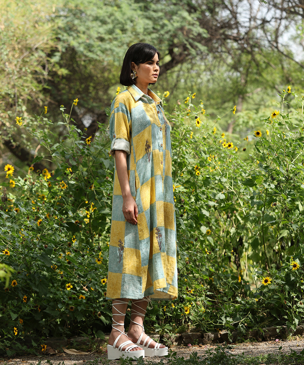 Yellow_And_Grey_Pure_Cotton_Shirt_Dress_With_Hand_Embroidered_Kantha_Deatils_WeaverStory_03