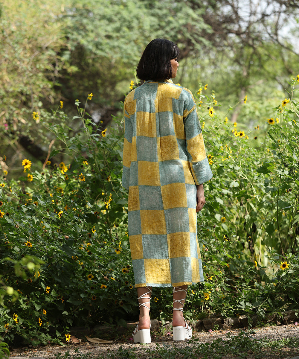 Yellow_And_Grey_Pure_Cotton_Shirt_Dress_With_Hand_Embroidered_Kantha_Deatils_WeaverStory_04