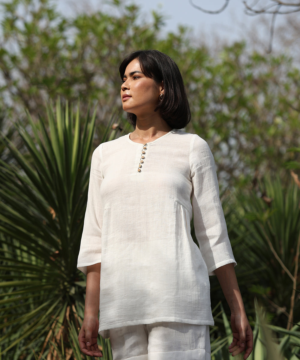 White Pure Cotton Double Gauze Top With Gathers Ready To Wear Silk Ensembles