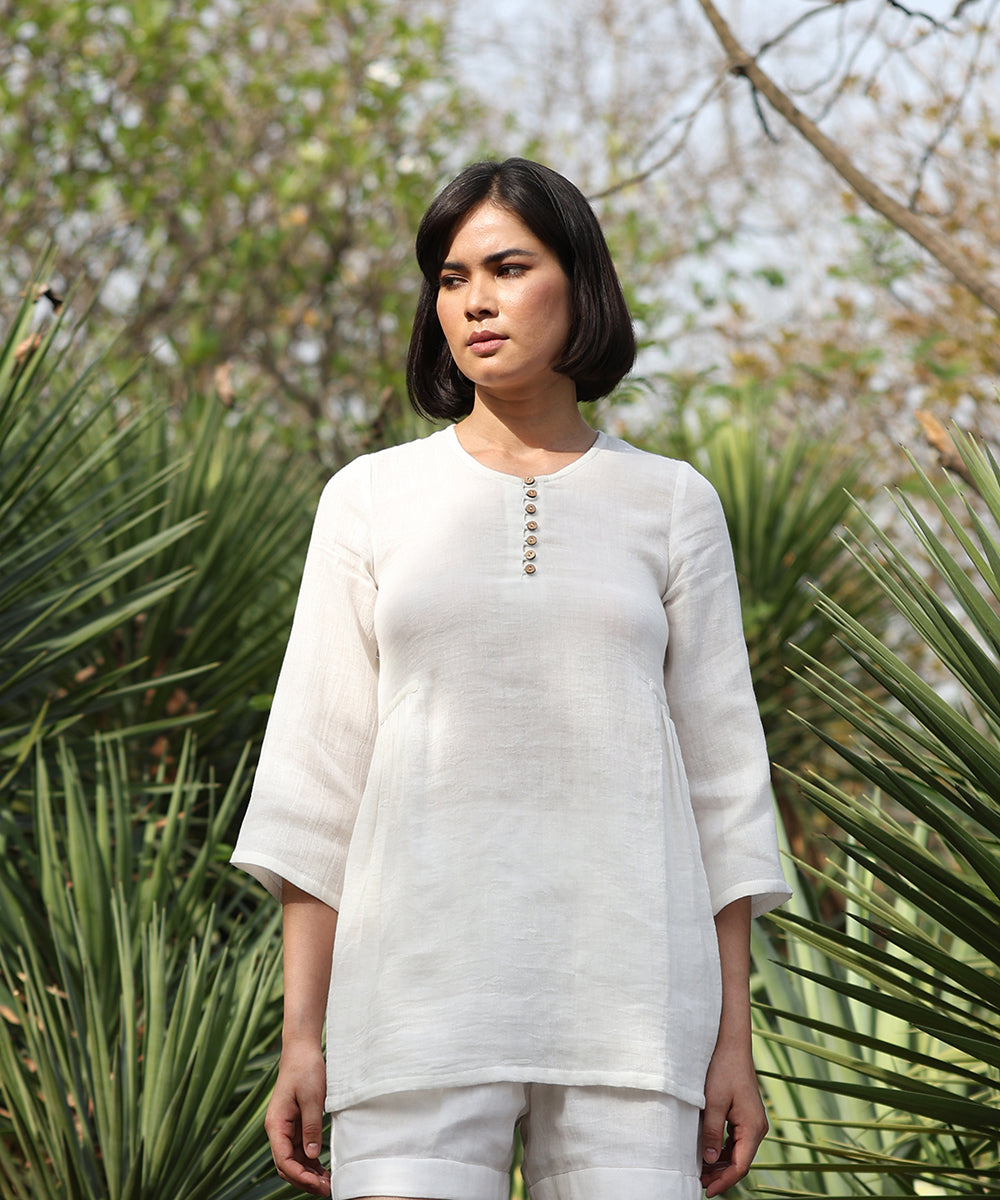 White Handloom Pure Cotton Double Gauze Top With Gathers