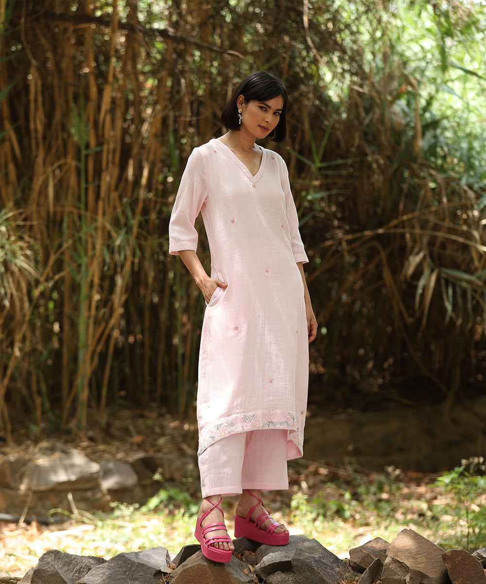 Rose_Pink_Handloom_Pure_Cotton_Double_Gauze_Kurta_With_Embroidered_Motifs_All_Over_WeaverStory_01