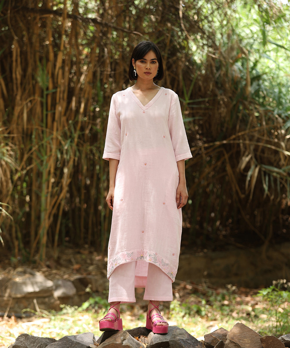 Rose_Pink_Handloom_Pure_Cotton_Double_Gauze_Kurta_With_Embroidered_Motifs_All_Over_WeaverStory_02
