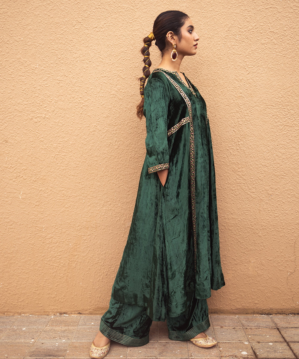Priya Prakash Varrier In Hand Embroidered Dark Green Velvet Kurta Set