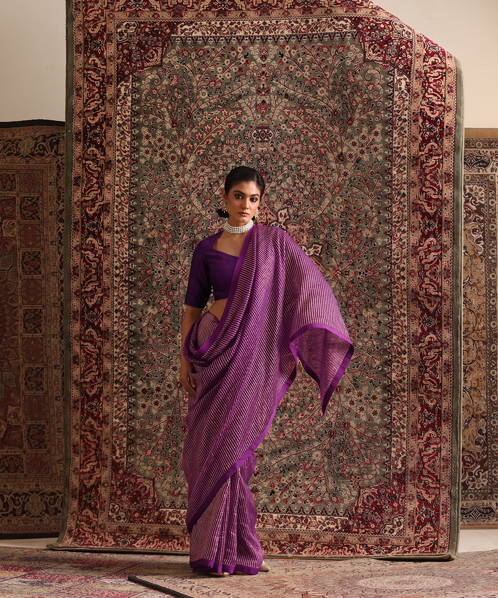 Solstice Purple Striped Tissue Saree With Chanderi Finishing