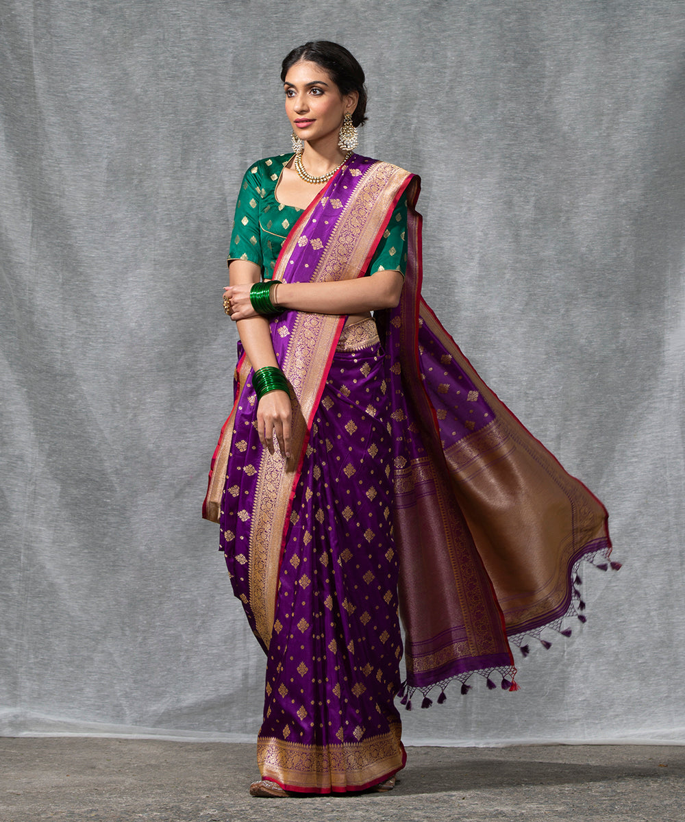 Purple Handloom Cutwork Katan Silk Banarasi Saree With Red Selvedge And Booti