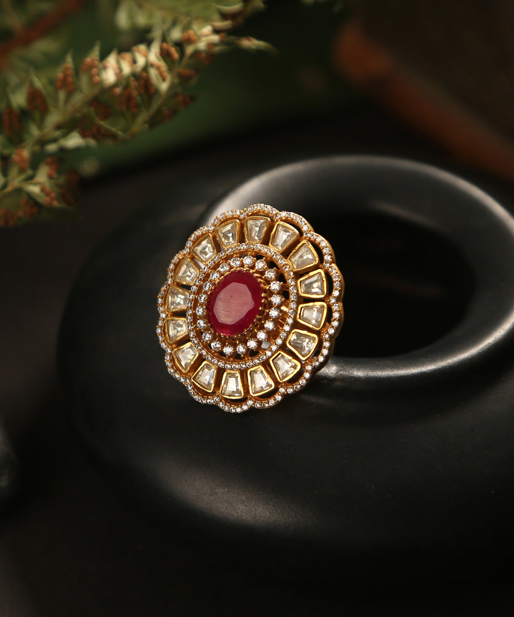 Yazrin_Handcrafted_Floral_Ring_With_Moissanite_Polki_And_Red_Semi_Precious_Stone_WeaverStory_01