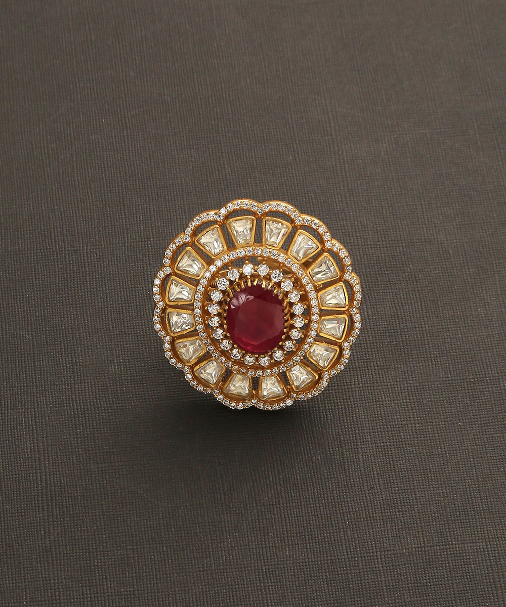 Yazrin_Handcrafted_Floral_Ring_With_Moissanite_Polki_And_Red_Semi_Precious_Stone_WeaverStory_02