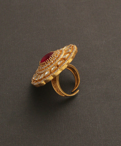 Yazrin_Handcrafted_Floral_Ring_With_Moissanite_Polki_And_Red_Semi_Precious_Stone_WeaverStory_03