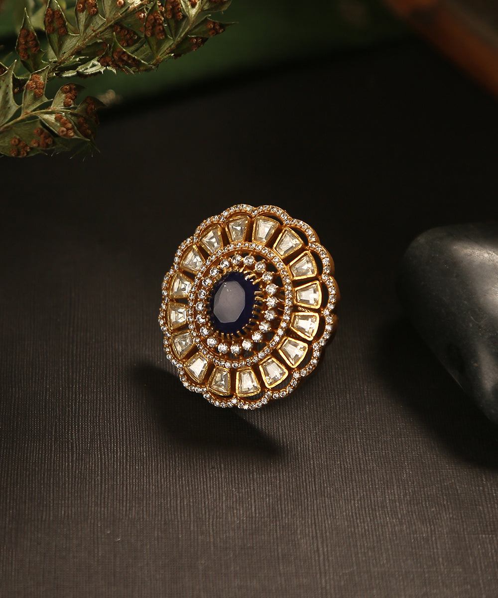 Qamar_Handcrafted_Floral_Ring_With_Moissanite_Polki_And_Blue_Semi_Precious_Stone_WeaverStory_01