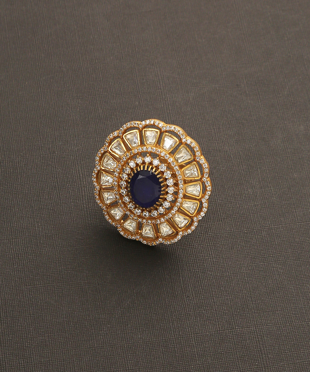 Qamar_Handcrafted_Floral_Ring_With_Moissanite_Polki_And_Blue_Semi_Precious_Stone_WeaverStory_02