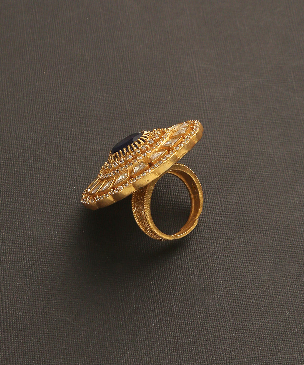 Qamar_Handcrafted_Floral_Ring_With_Moissanite_Polki_And_Blue_Semi_Precious_Stone_WeaverStory_03