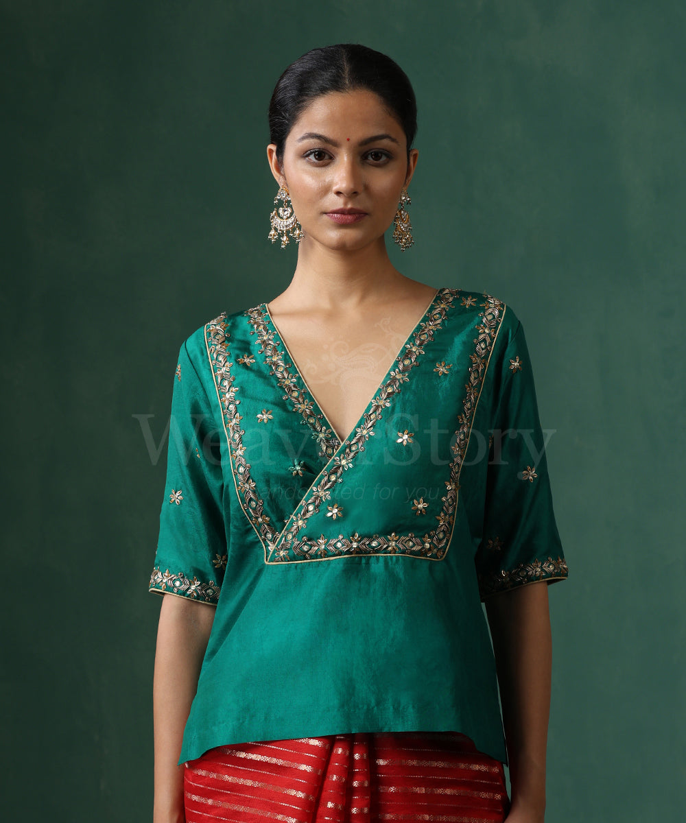 Green_Pure_Silk_Blouse_With_Hand_Embroidered_Zardozi_And_Katdhana_Blouse_WeaverStory_02