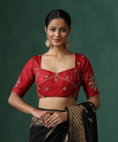 Vermillion_Red_Pure_Silk_Hand_Embroidered_Blouse_WeaverStory_02