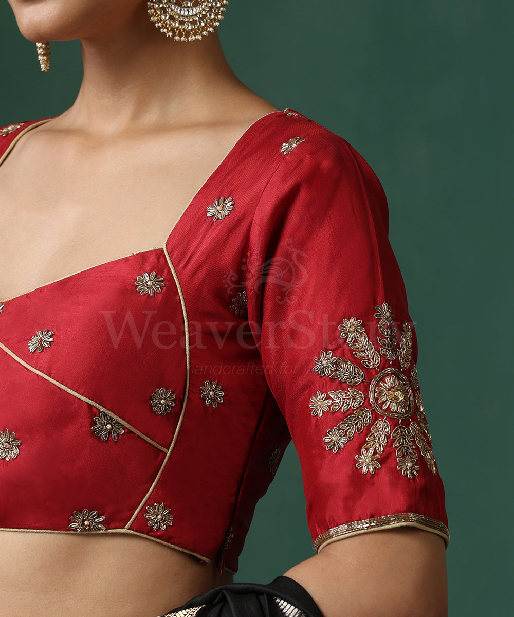 Vermillion_Red_Pure_Silk_Hand_Embroidered_Blouse_WeaverStory_03