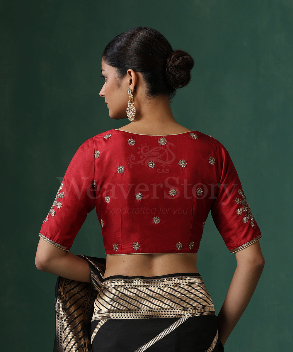 Vermillion_Red_Pure_Silk_Hand_Embroidered_Blouse_WeaverStory_07