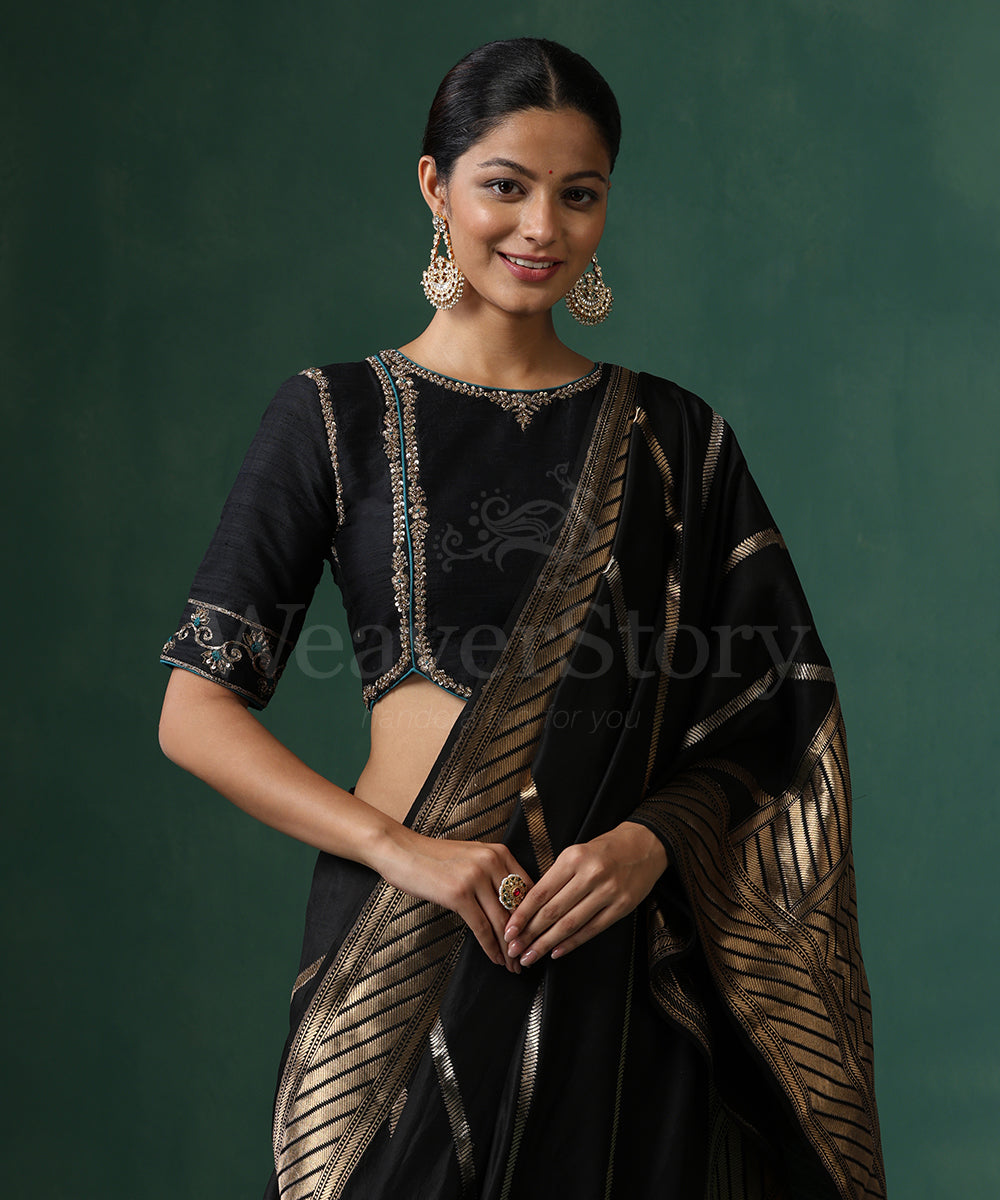 Black_Pure_Silk_Halter_Neck_Blouse_With_Hand_Embroidered_Zardozi_On_The_Sleeves_WeaverStory_01