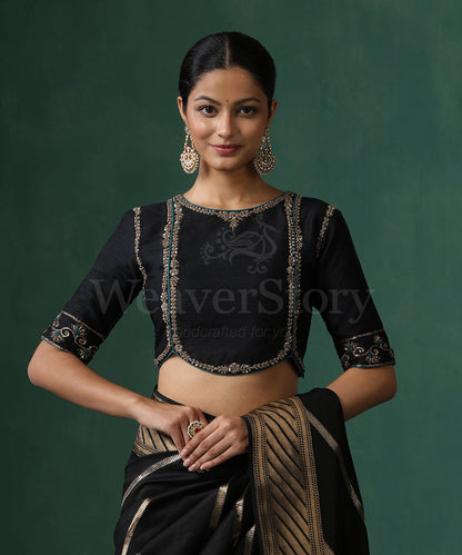 Black_Pure_Silk_Halter_Neck_Blouse_With_Hand_Embroidered_Zardozi_On_The_Sleeves_WeaverStory_02