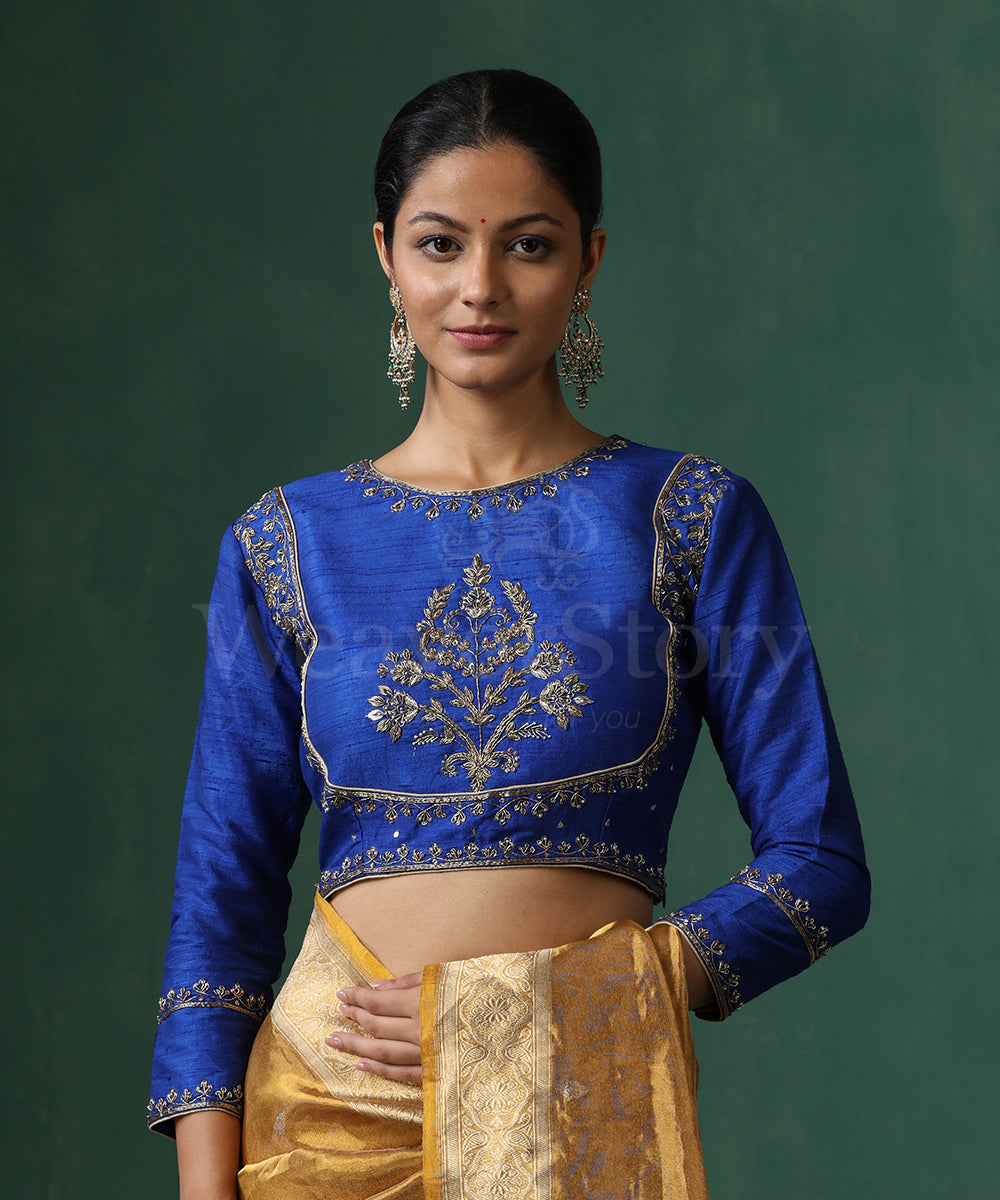 Blue_Raw_Silk_Hand_Embroidered_Zardozi_Blouse_WeaverStory_02